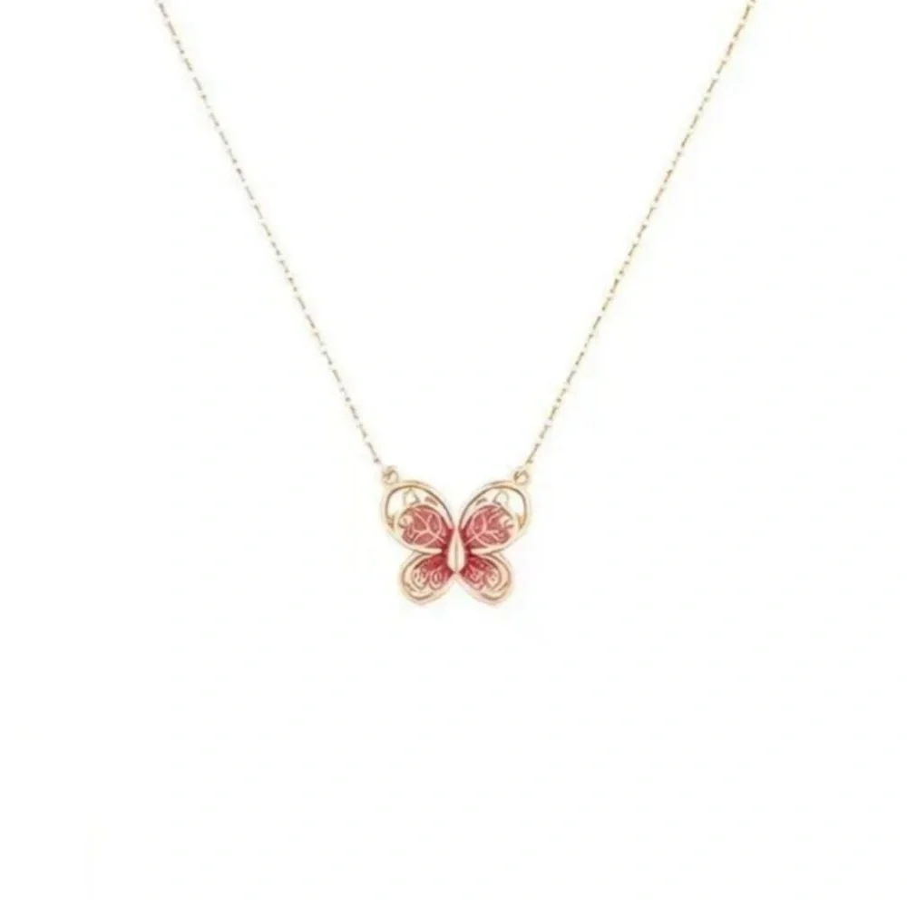 Elegant Cold Tone & Pink Butterfly Pendant Necklace - NWOT
